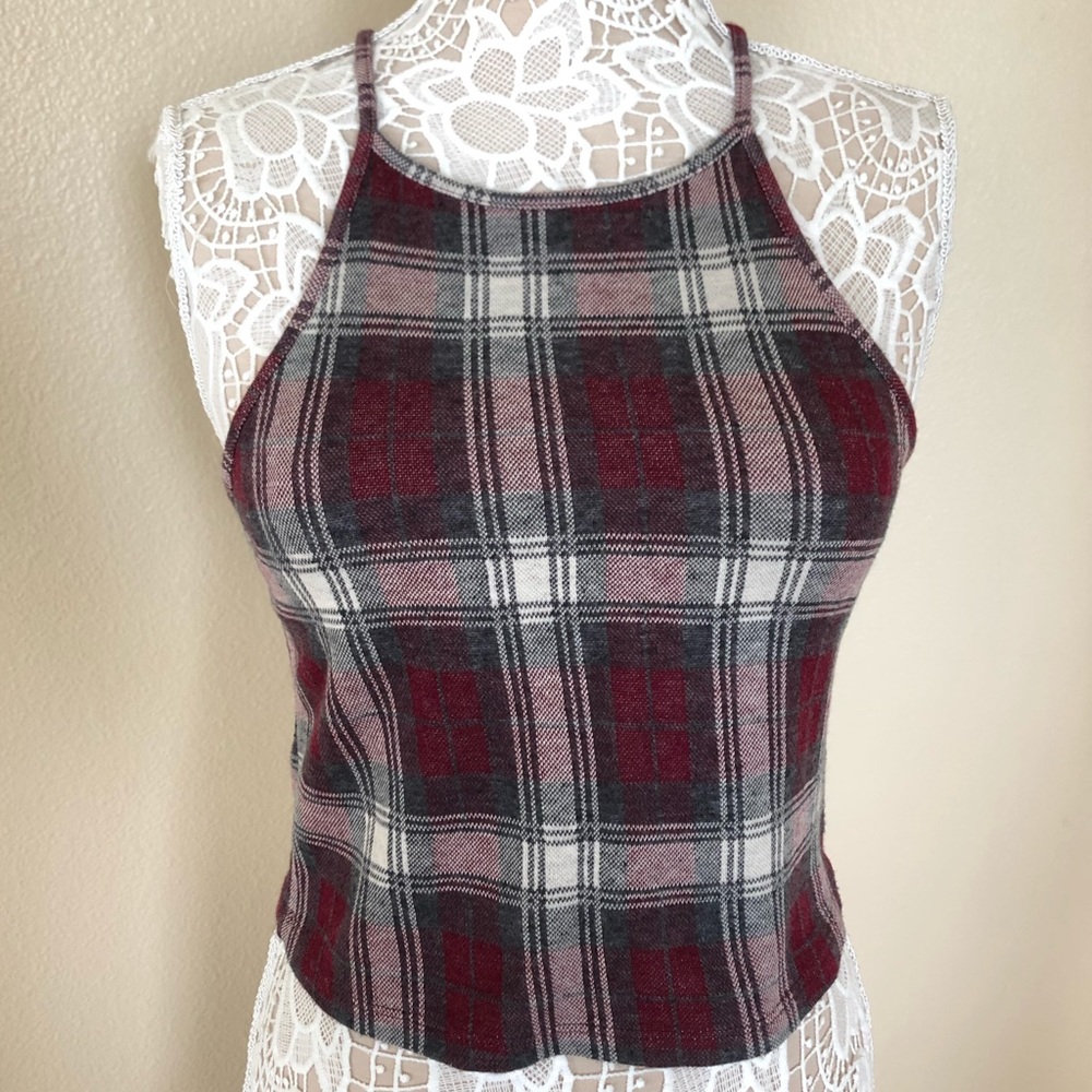 Brandy Melville Red Plaid Printed Stretch 90s Top
